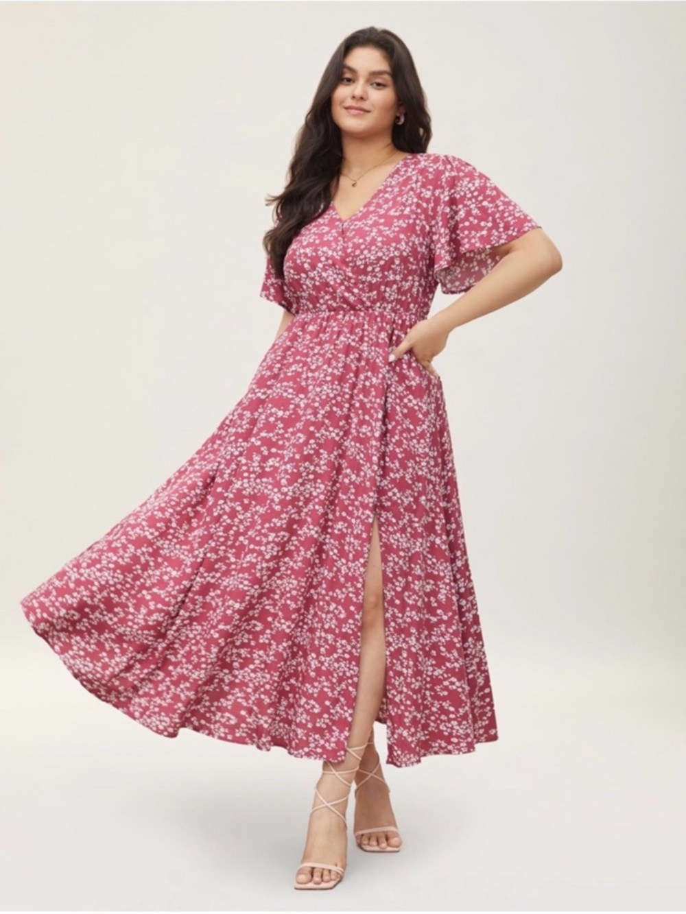 BloomChic Plus Size 30 Ditzy Floral Flutter Short Sleeves Pink Slit Dress
